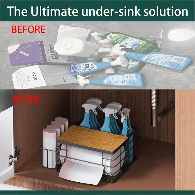 Trash Bag Dispenser Holder Under Sink, 3-in-1 Metal Garbage Bag Holder & Organizer with Bamboo Lid, Large Trash Bag Storage for Kitchen Cabinet, Pantry, Laundry Room Organization