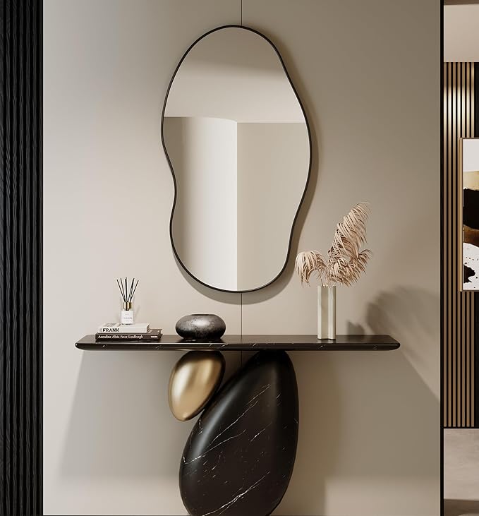 Wavy Wall Mirror -36''×24'' Irregular Wall Mirror Decorative Alloy Framed Mirrors Abstract Artistic Mirrors Wavy Mirror for Cloakroom/Bedroom/Living Room/Entryway（Black）