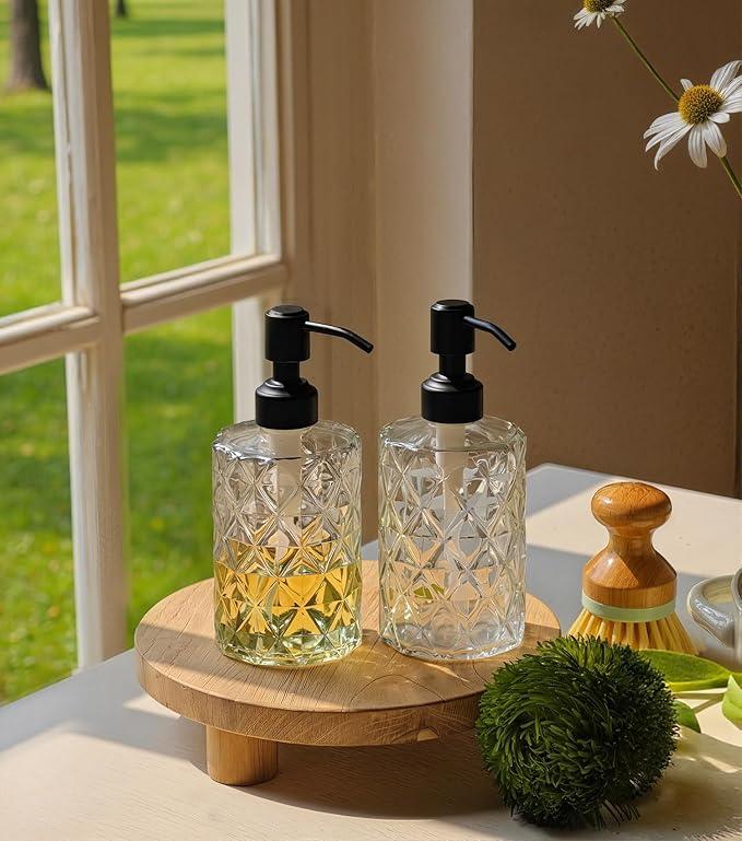 JASAI Diamond Design 12 Oz Glass Soap Dispenser with Black Pump, Small Hand soap Dispenser with Rust Proof Pump, Bathroom Soap Dispenser for Hand Soap, Soap, Lotion(Black).