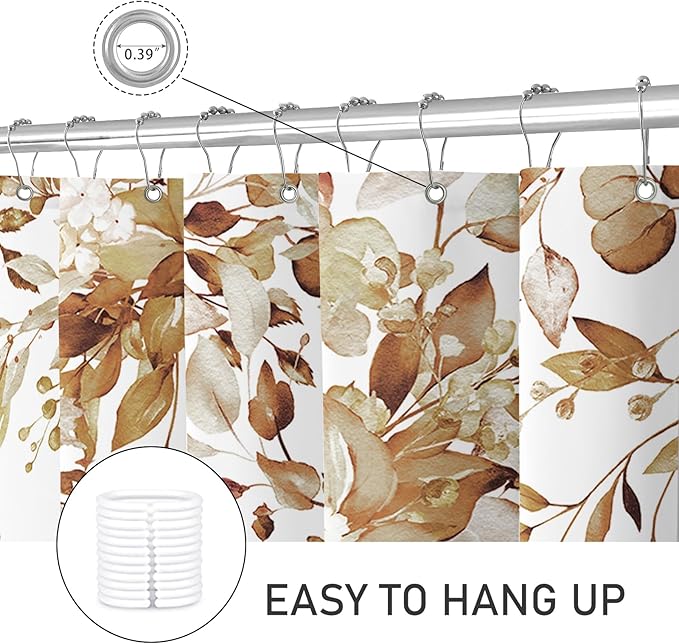 Extra Long Eucalyptus Shower Curtain 72 x 96 Inch, Brown Botanical Floor to Ceiling X-Long Shower Curtain, Watercolor Plant Leaves with Floral Decorative Bathroom Curtain with Hooks