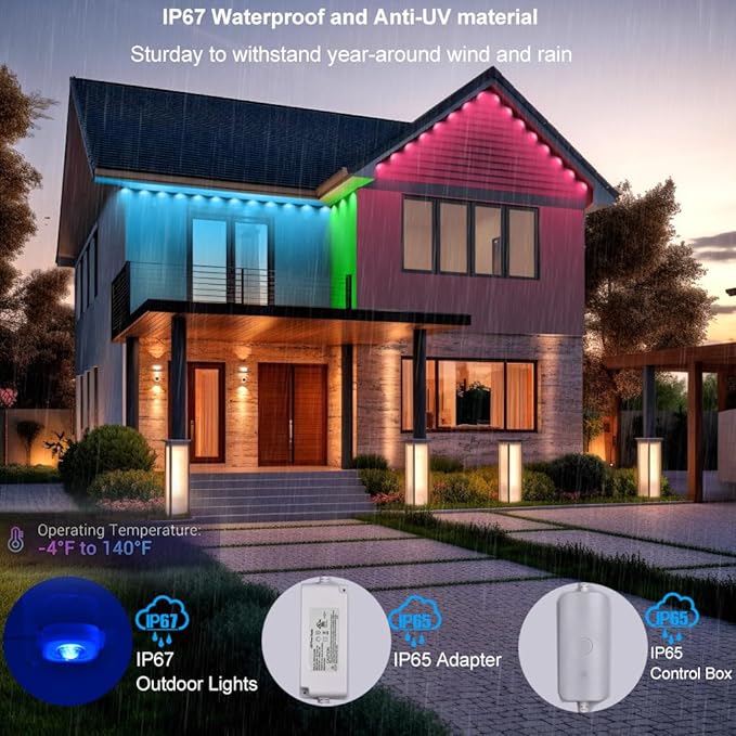 Permanent Outdoor Lights for House, 100ft Smart RGB+IC Color Outdoor Lighting with 63 Scene,IP67 72 LED Eaves Lights for Holiday, Christmas, Daily Lighting, Smart Life APP Control, C5103-A
