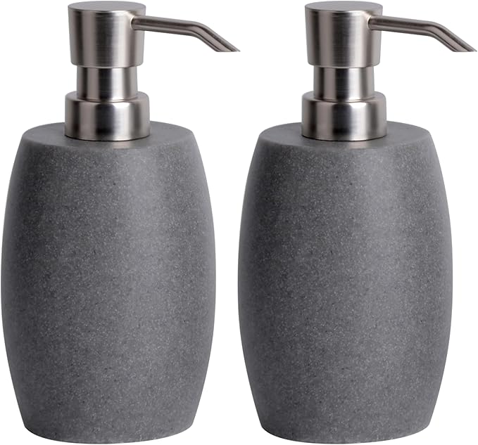 Sandstone Textured Resin Soap Dispenser with Metallic Pump and Waterproof Bottle Labels for Bathroom Kitchen Dish Hand Wash Shower Lotion Shampoo, 12 Oz, 2 Sets Gray