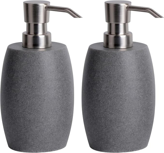 Sandstone Textured Resin Soap Dispenser with Metallic Pump and Waterproof Bottle Labels for Bathroom Kitchen Dish Hand Wash Shower Lotion Shampoo, 12 Oz, 2 Sets Gray