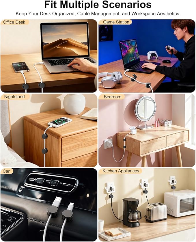 OneLeaf 12 Pack 360° Rotatable Spring Cable Clips[1s Lock], Adhesive Cord Holder for Nightstand, Phone Charger Cord Holder for Desk Home Office Car Game Station