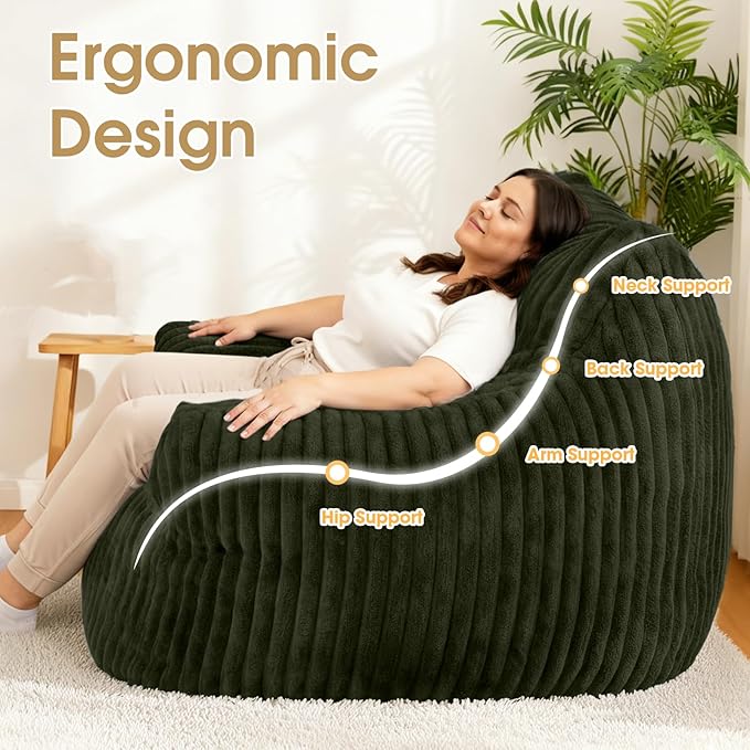 Giant Bean Bag Chair, Oversized Plush Comfy Bean Bag Sofa for Adults and Kids with Armrests, Memory Foam Mini Couch Single Lounges for Living Room, Bedroom & Game Room(Green)