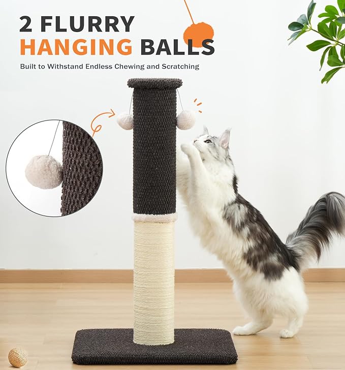 Made4Pets Tall Cat Scratching Post, Heavy Duty and Thicker Scratching Posts for Indoor Cats Adults, 33" Natural Sisal Cat Scratcher with Hanging Balls, Sturdy Base Cat Scratch Post, Brown