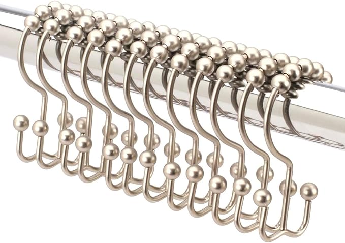 2lbDepot Double Sided Shower Curtain Hooks, Decorative Brushed Nickel Shower Curtain Hooks Rust Proof, Premium Stainless Steel Metal Hooks, Easy Glide Rollers, Set of 12 Curtain Rod Rings