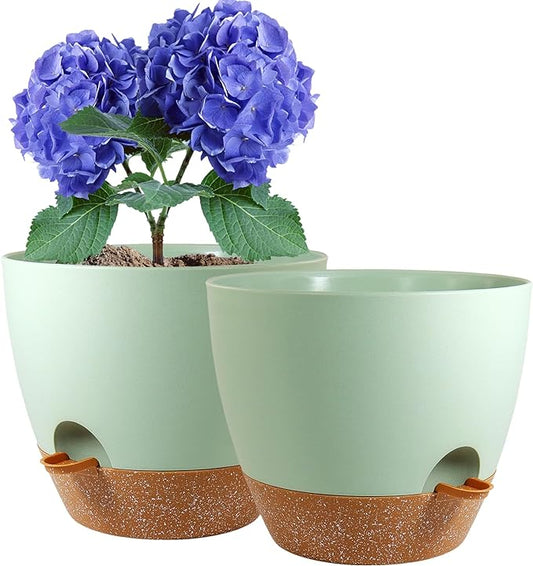 10 inch Self Watering Pots, 2 Pack Plastic Planters with Mesh Drainage Holes for Garden Plants and Flower, Plants Pots with Deep Reservoir for Indoor Outdoor Plants, Green with Brown