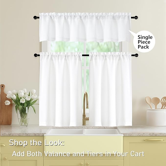 White Kitchen Curtains 45 Inch Length 2 Panels, Light Filtering Faux Linen Textured Short Kitchen Window Curtains Over Sink, Half Curtain Tiers for Cabinet Bathroom Basement, 30Wx45L Inch