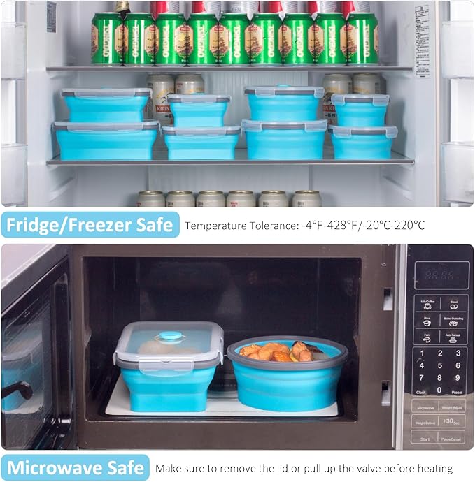 8 Pack Collapsible Food Storage Containers with Lids, Silicone Collapsible Food Containers, Collapsible Storage Containers Sets for Snack Camping RV, Microwave Freezer Dishwasher Safe, Blue