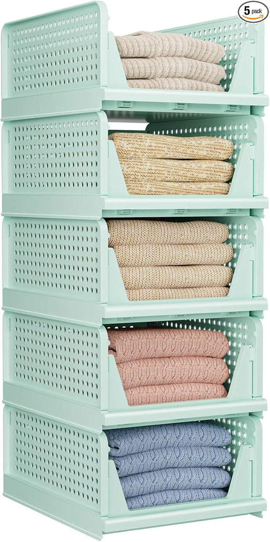 5 Pack Folding Closet Organizers Storage Box, Stackable Storage Bins, Plastic Drawer Basket Closet Storage for Wardrobe Cupboard Kitchen Bathroom Office Green-5L