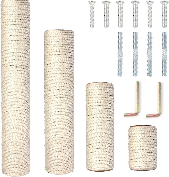 PowerKing Natural Sisal Replacement Scratching Post, 4 Pieces M8 Cat Scratch Post Refill Pole Parts for Refurbishment, White, Include Screws, White, 15.74''+11.88''+7.87''+3.93''