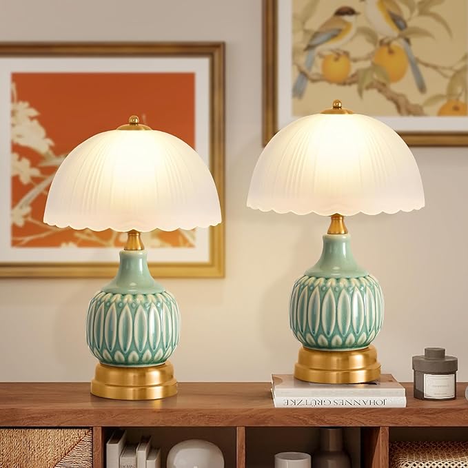 Table Lamps for Bedroom Vintage Golden Table Lamps for Bedroom Ceramic Retro Lamp for Living Room,16" Modern Bedside Nightstand Traditional Lamps, Classic Chinoiserie Green Glass Lamp for Home Decor