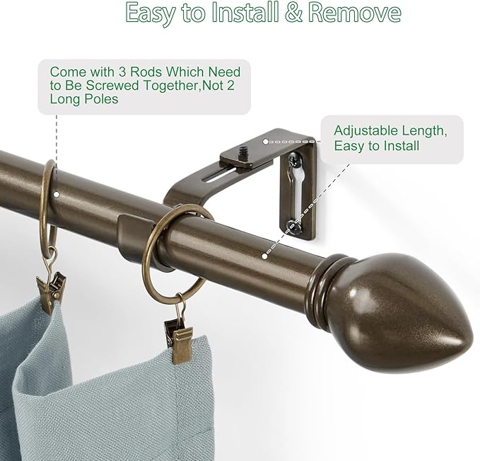 Curtain Rods for Windows 16 to 48 inches, Curtain Rod Max Adjustable Length to 60 in, Drapery Rod 1 inch Diameter with Modern Knobs Finials (Brown, 16" to 48" - Set of 2)