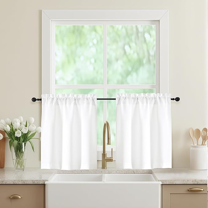 White Kitchen Curtains 24 Inch Length 2 Panels, Light Filtering Faux Linen Textured Short Curtains Tier for Windows, Small Curtain for Cafe Cabinet Bathroom Basement RV Camper, 30Wx24L Inch