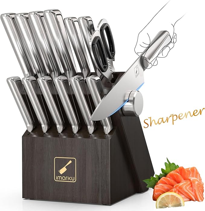 Knife Sets for Kitchen with Block imarku G14 Japanese Knife Set Stainless Steel Kitchen 14pcs, Built-in Sharpener, Sharp Knives with Non-slip Ergonomic Handle - Dishwasher Safe, Home Essential Gifts