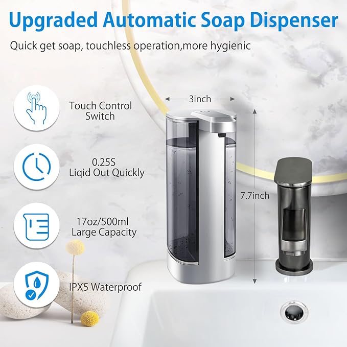 Automatic Liquid Soap Dispenser, Rechargeable, Touchless, 17oz/500ml with 4 Adjustable Soap Levels, Wall Mount & Waterproof, Liquid Hand/Dish Soap Dispenser for Bathroom Kitchen