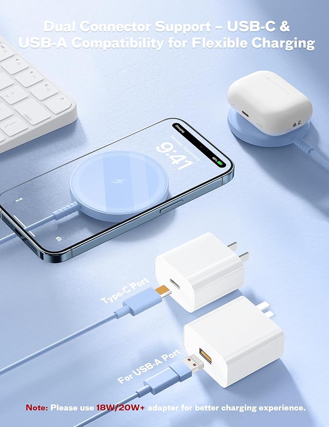 Magnetic Wireless Charger Fast Charge Strong Magnet Charging Pad for iPhone 17/16/15/14/13/12 - Series&AirPods Pro 4-2, Daul Ports, Case-Friendly, Ultra-Slim & Portable for Travel Nightstand Desk