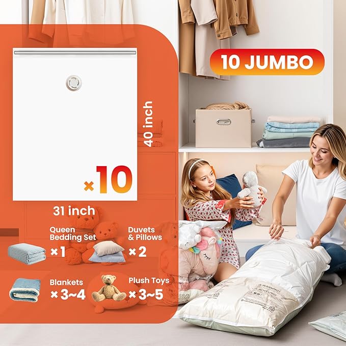 TAILI 10 Pack Vacuum Storage Bags, Jumbo Vacuum Seal Bags for Clothing (40x31 Inch), Space Saver for Bulky Bedding, Pillows, Blankets, Large Closet Organization and Storage