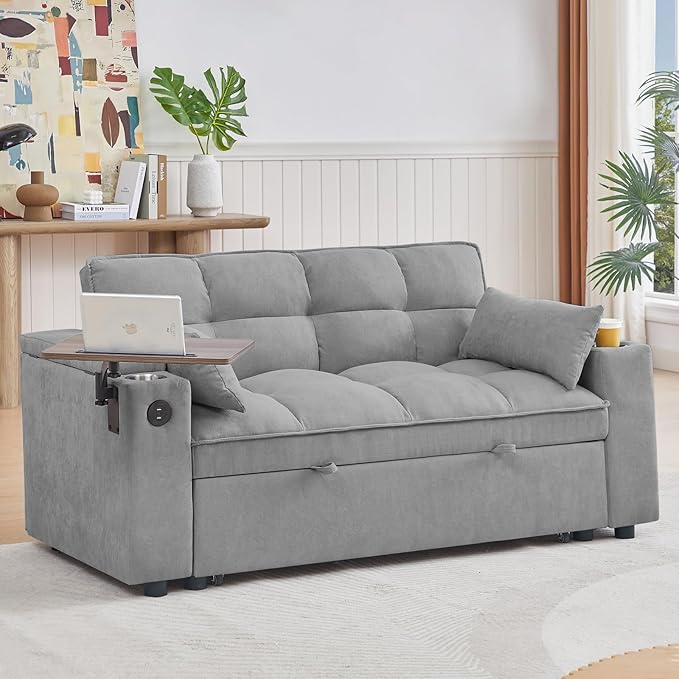 65'' Convertible Sleeper Sofa Bed with Adjustable Backrest, Chaise Lounge, Side Table & USB/Type-C Ports – Stylish & Functional Addition to Any Living Room (Light Grey)