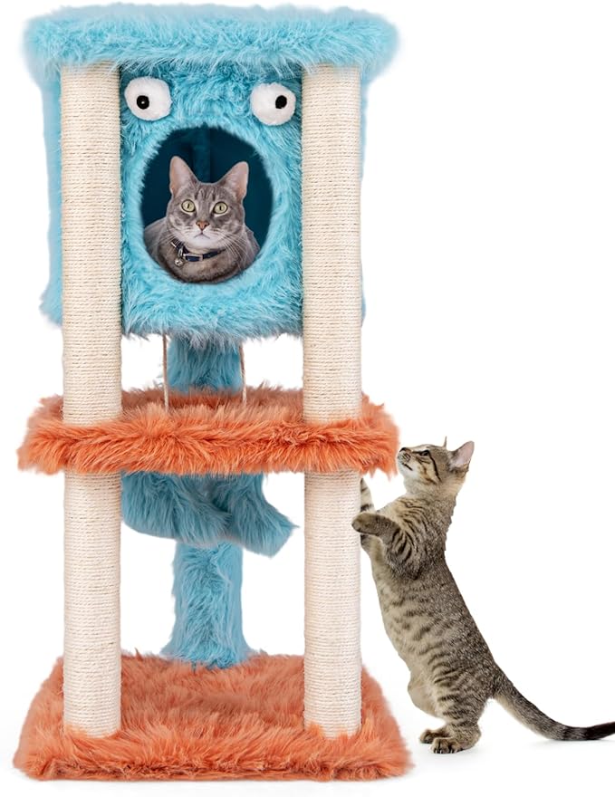 Tangkula Monster-Themed Cat Tree, 3-Level Cat Tower Activity Center with Large Cat Condo, Sisal Scratching Posts & Hanging Toys, Long Plush Cute Cat Tree Tower for Indoor Cats (34 Inch)