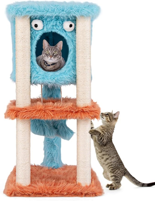 Tangkula Monster-Themed Cat Tree, 3-Level Cat Tower Activity Center with Large Cat Condo, Sisal Scratching Posts & Hanging Toys, Long Plush Cute Cat Tree Tower for Indoor Cats (34 Inch)