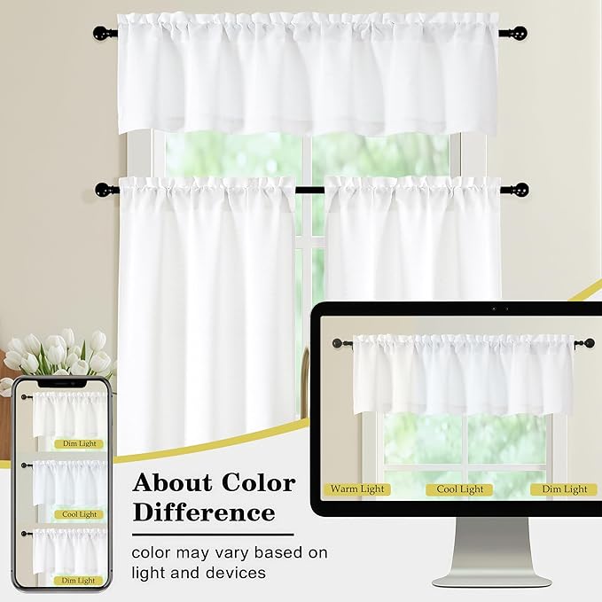 White Kitchen Curtains 24 Inch Length 2 Panels, Light Filtering Faux Linen Textured Short Curtains Tier for Windows, Small Curtain for Cafe Cabinet Bathroom Basement RV Camper, 30Wx24L Inch
