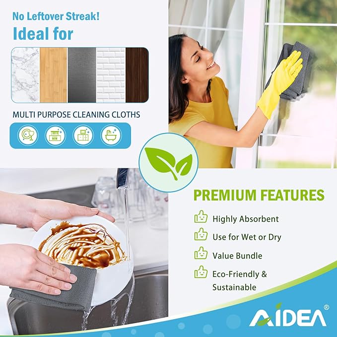 AIDEA Microfiber Cleaning Cloth Grey 12PK, Microfiber Towels for Cars, Premium Car Cloths, Dusting Cloth Lint Free Cleaning Rags for SUVs, House, Kitchen, Window, Workshops,11.5×11.5"