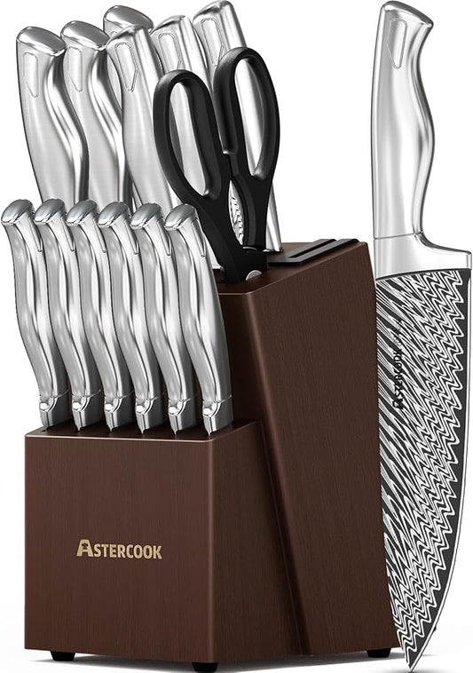 Knife Set, Astercook 15 Pieces Kitchen Knife Set with Built-in Sharpener, German Stainless Steel Knife Block Set, Razor-Sharp Knives with Full-tang Handle, Dishwasher Safe, Silver