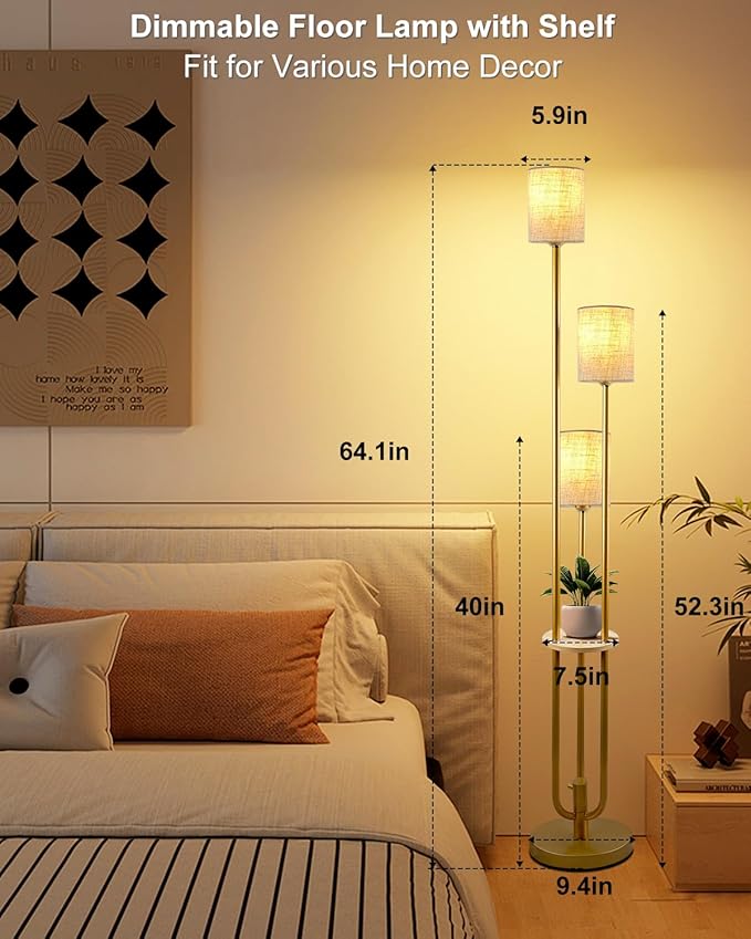 Lightdot Floor Lamp with Table and Shelves for Living Room Bedroom Shelf Floor Lamps with Linen Shade Dimmable Standing Lamp Vintage Retro Midcentury Gold Tall Floor Lamp Candle Holder Style