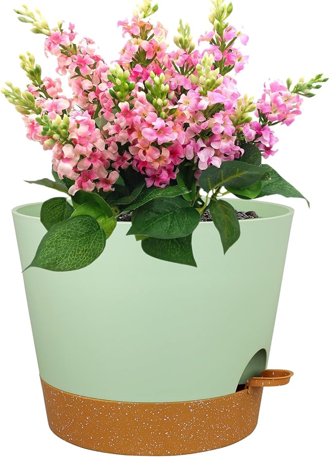 12 inch Large Self Watering Pots for Indoor Outdoor Plants, Flower Plant Pots with Drainage Holes for Garden House Plants, Plastic Planters with Reservoir for Home, Green with Brown