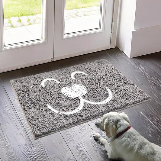 Muddy Mat® Pet Face Dog Door Embroidery Mat Super Absorbent Microfiber Indoor Outdoor mat for Muddy Paws, Non-Slip Washable Pet Rug, Quick Dry Chenille Entryway Carpet, Machine Washable – Grey 19”x30”
