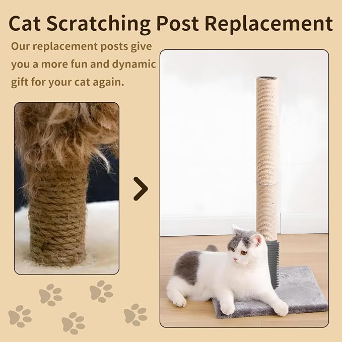 Fhiny 4PCS Cat Scratching Post Replacement with Groomer, 15.7" Natural Sisal Spare Extension Scratch Post for Cats Tree DIY Craft Climbing Perch Hemp Rope Scratcher Perch Parts White