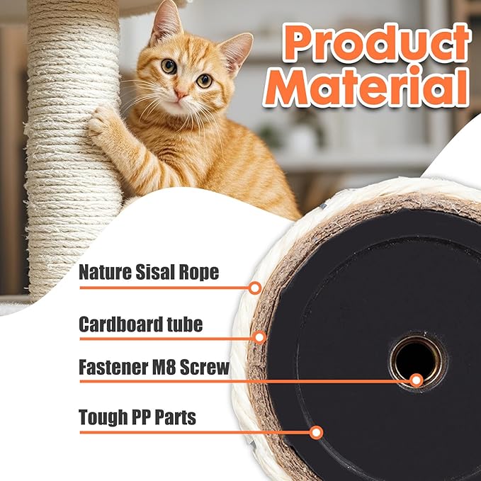 PowerKing Natural Sisal Replacement Scratching Post, 4 Pieces M8 Cat Scratch Post Refill Pole Parts for Refurbishment, White, Include Screws,15.74''+15.74''+7.87''+7.87''