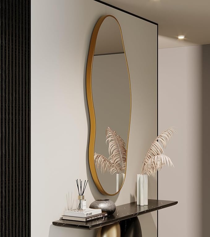Wavy Wall Mirror -55''×24'' Irregular Wall Mirror Decorative Alloy Framed Mirrors Abstract Artistic Mirrors Wavy Mirror for Cloakroom/Bedroom/Living Room/Entryway（Gold）