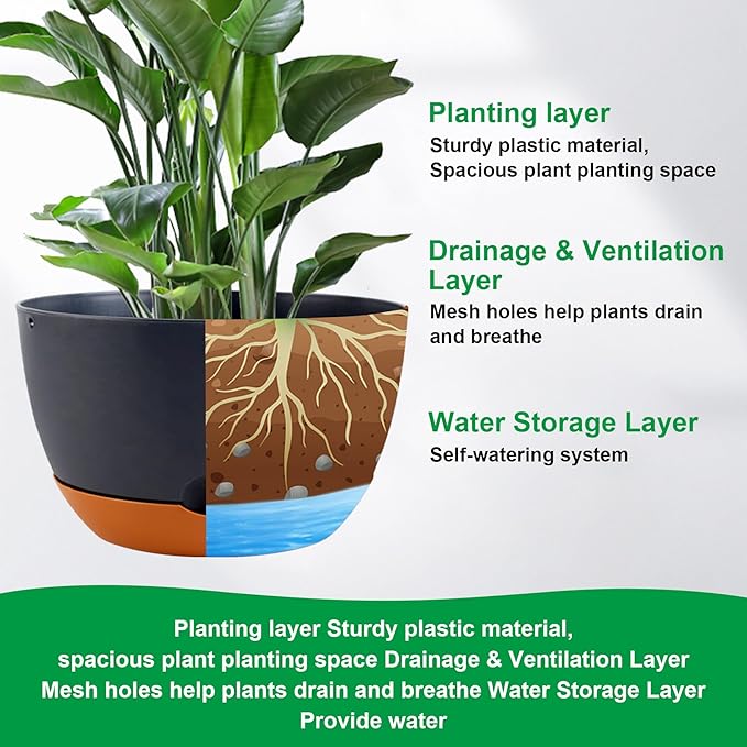 4 Pack Self Watering Pots for Indoor,8 Inch Plant Pot Outdoor Plastic Flower Pot with Drainage and Saucers(Grey)