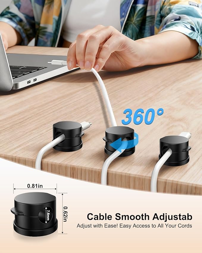 OneLeaf 12 Pack 360° Rotatable Spring Cable Clips[1s Lock], Adhesive Cord Holder for Nightstand, Phone Charger Cord Holder for Desk Home Office Car Game Station
