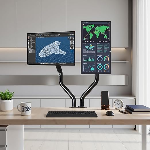Lyngins Dual Monitor Desk for 15 to 27 Inch Screens Computer Dual Monitor Stand for Desk, VESA Mounting Holes 75 and 100mm, Stand Up to 26.4lbs Monitor Wall Mount, Black