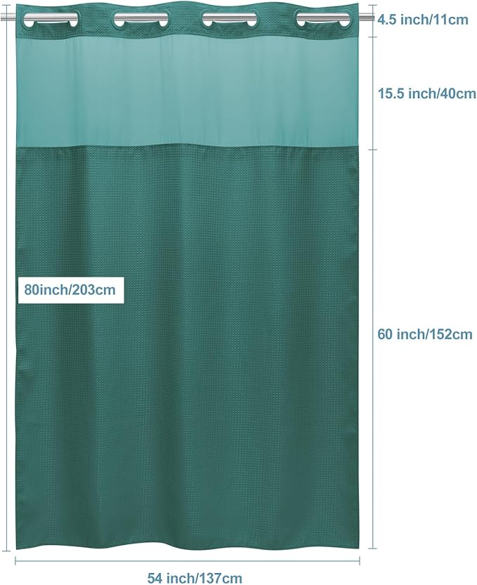 Seaweed Green Stall No Hook Shower Curtain with Snap in Liner,230GSM Waffle Weave Shower Curtains for Bathroom,54W x 80H