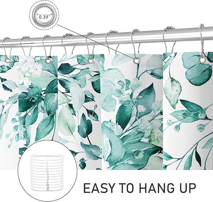 Extra Long Eucalyptus Shower Curtain 72 x 96 Inch, Teal Botanical Floor to Ceiling X-Long Shower Curtain, Watercolor Plant Leaves with Floral Decorative Bathroom Curtain with Hooks