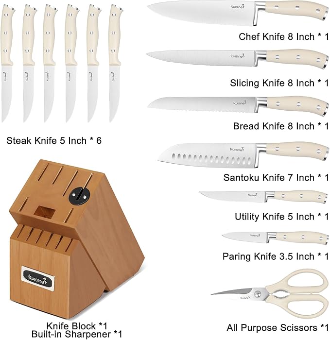 Kuisine Kitchen Chef Knife Block Set,High Carbon Stainless Steel Razor-Sharp Blade Ergonomic Handle,Sharp Knife Set with Built-in Sharpener,Elegant Gift(Irovy-Acacia,15pcs)
