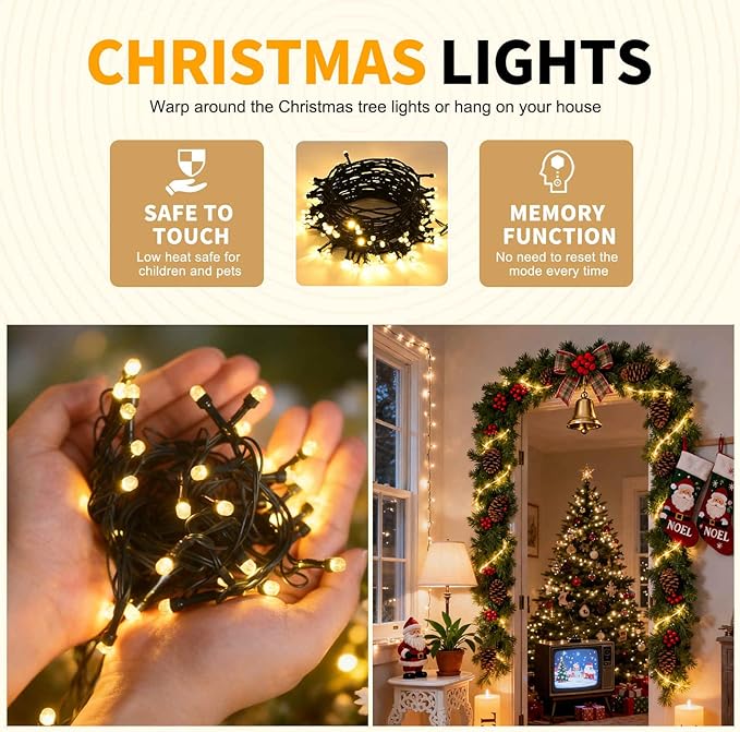 100 LED Christmas Lights 33 ft Christmas Tree Lights 8 Modes Plug-in with Memory Function Green String Light for Bedroom Xmas Tree Wreath Patio Party Spring Outdoor Decorations