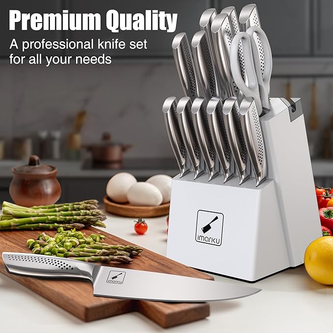 imarku® Knife Set, Japanese HC Stainless Steel 15 PCS Kitchen Knife Set With Block With Built-in Sharpener, Razor-Sharp Blade Knife Block Set With Dotted Ergomomic Handle, Best Birthday Gifts, White
