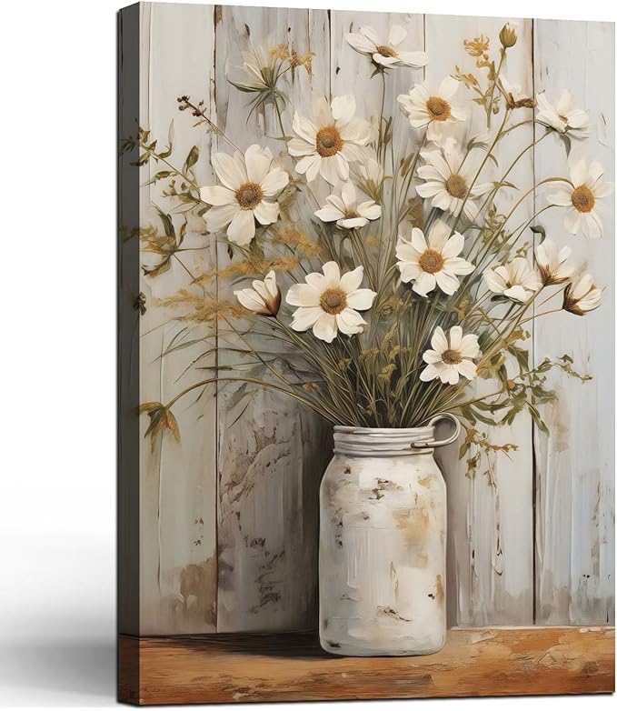 Framed Daisy Jar Vintage Flowers Wall Art Decor Canvas Print Country Poster Gallery Picture Country Plants Farmhouse Art Painting Kitchen Bathroom Living Room Decor 12x16 Inch Ready to Hang