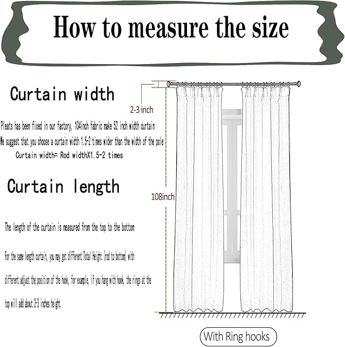 108 Inches Long Pure White Curtains for Bedroom Living Room Pinch Pleated Chiffon Sheer Curtains Light Filterring Semi-Sheer Curtain Pinch Pleat Drapes, 2 Panels,W52 x L108