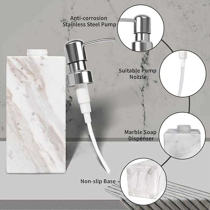 White Marble Soap Dispenser for Bathroom and Kitchen Countertop - Lotion and Liquid Soap Dispenser, 6.7 Ounces Soap Bottle with Pump