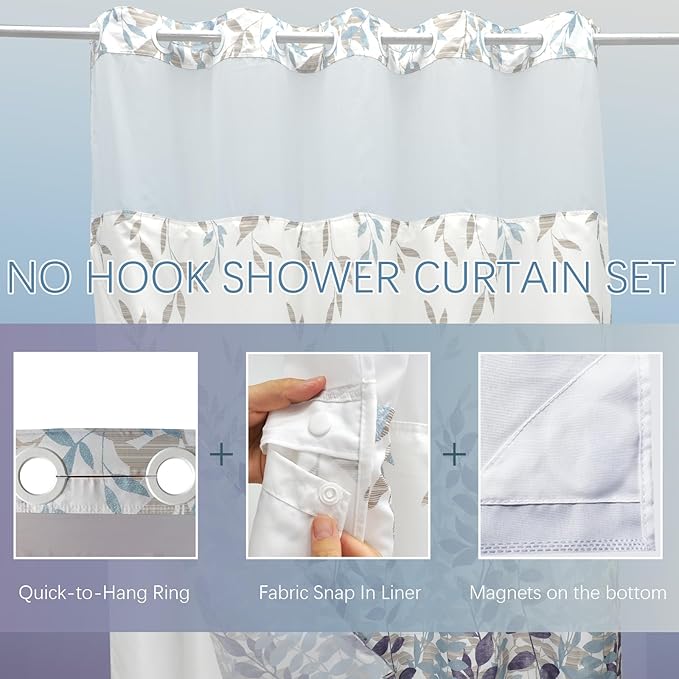 VIUOON No Hook Shower Curtain with Snap-in Fabric Liner Set, Double Layers Heavy Duty Fabric Large Leaf Pattern Bathroom Curtain with See Through Top, Hotel Grade, Machine Washable, 71Wx74L
