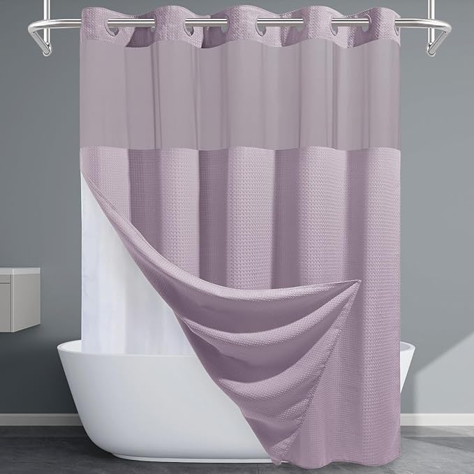 Lavender Long No Hook Shower Curtain with Snap in Liner,230GSM Waffle Weave Shower Curtains for Bathroom,71W x 86H