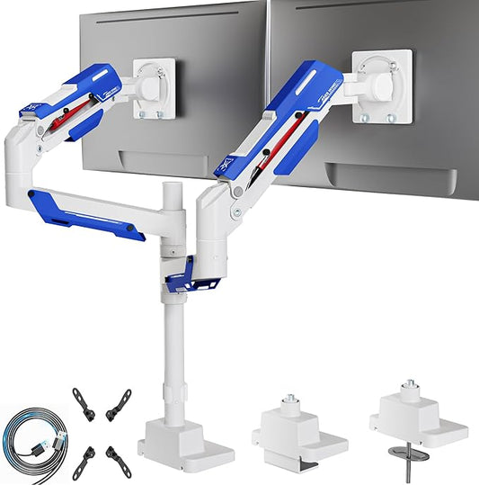 ARES WING Dual Monitor Mount, Adjustable Stacked Monitor Stand with USB A/C, Heavy Duty Gas Spring Monitor Desk Stand for 2 Monitors for 24-57 Inch Ultrawide Screen, 75/100/200 Vesa Mount, White