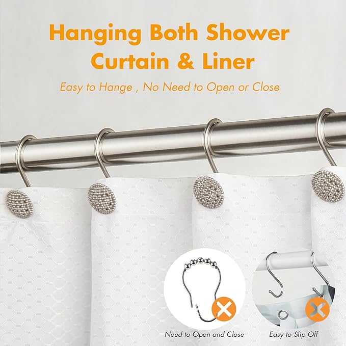 Pearlbee Nickel Shower Curtain Hooks, Rust Proof Shower Curtain Rings for Bathroom, Metal Shower Hooks for Shower Curtain Rod, Modern Decorative Shower Curtain Hangers Set of 12